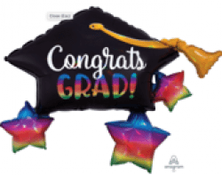 Iridescent Grad Cap & Stars Holographic SuperShape - 34 inch