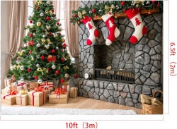 Fireplace with Trees and Stockings Backdrop